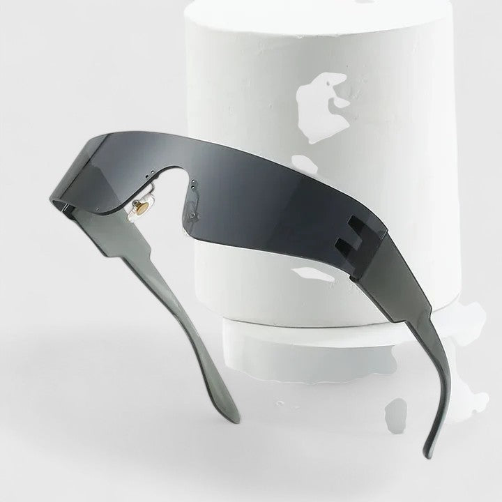 Oversized rectangular sunglasses with dark matte lenses and gray frames