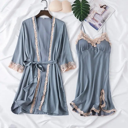 Women’s blue nightwear set with lace-trim robe and matching cami