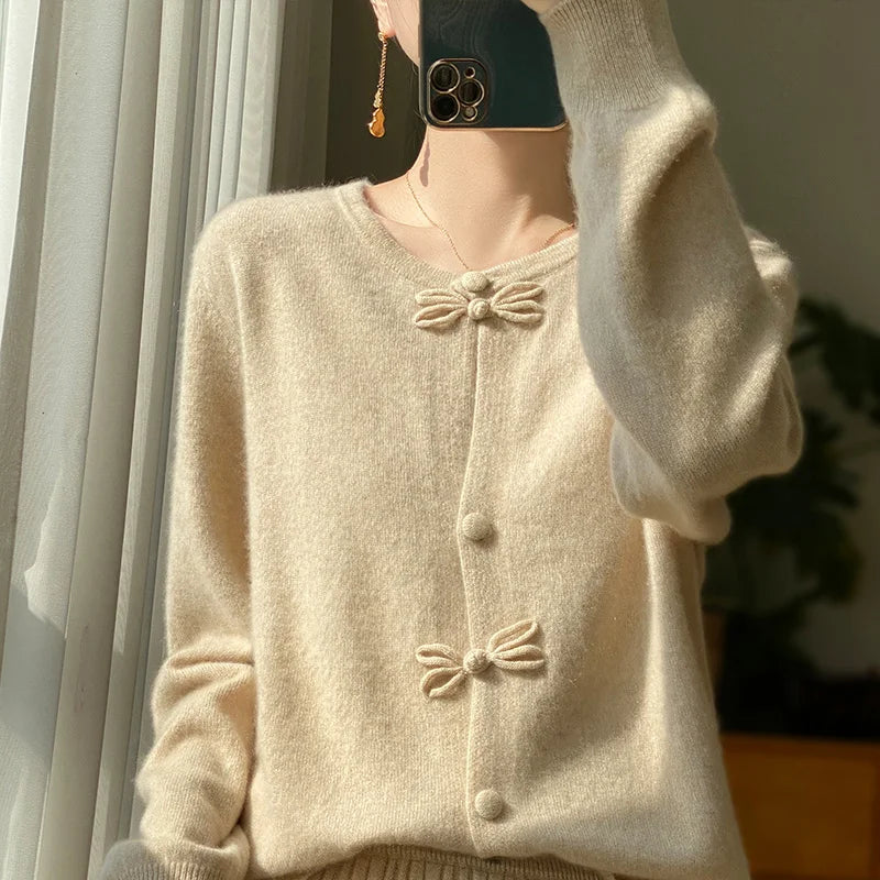 Camel bow-front cardigan with button placket and bow details
