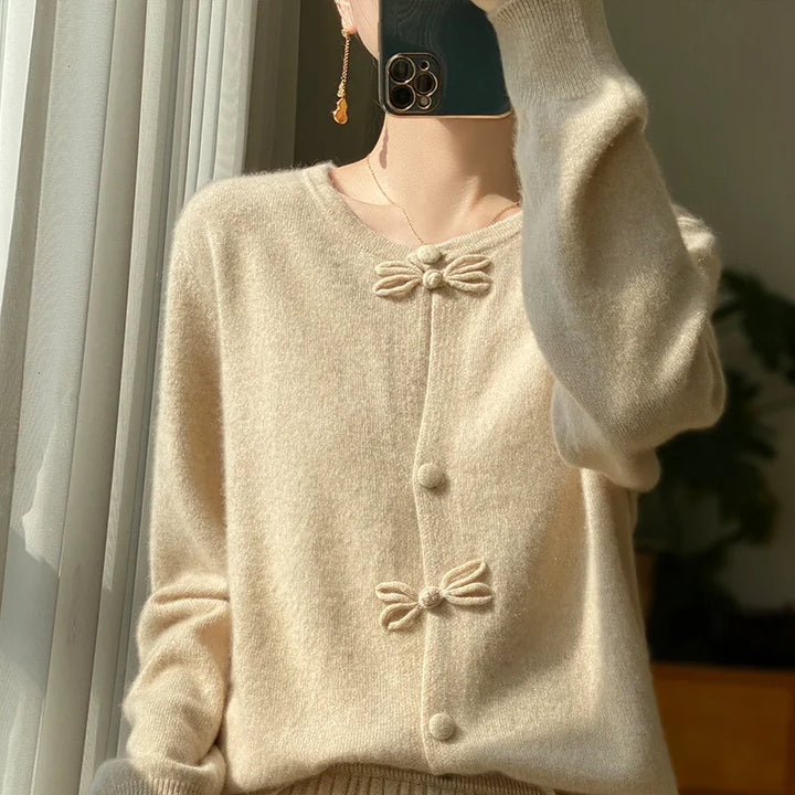 Camel bow-front cardigan with button placket and bow details