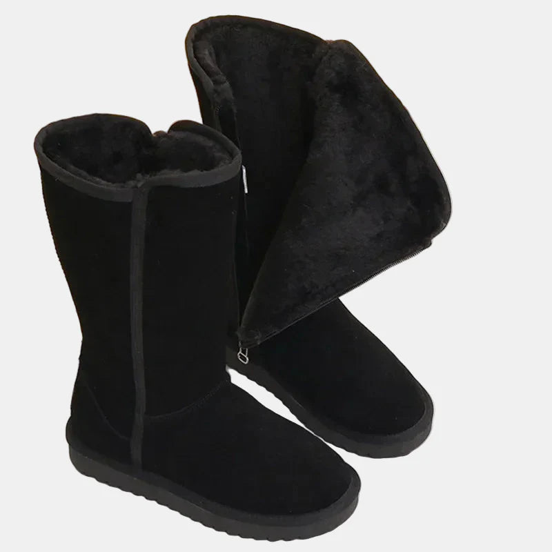 Black velvet knee-high boots with side zipper, plush collar, and thick sole