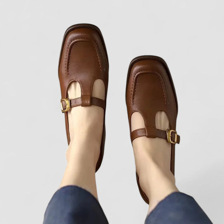 Brown T-strap Mary Jane shoes with buckle, low block heel, open instep