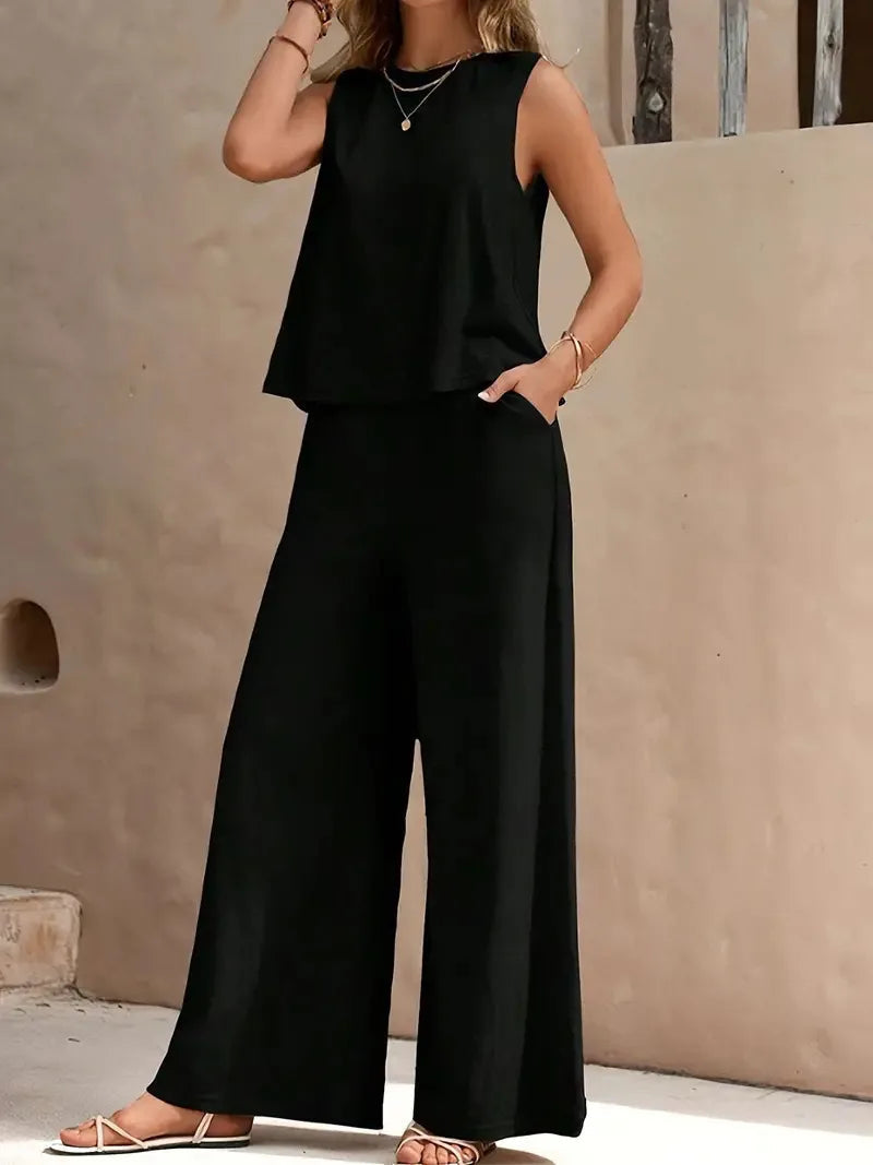 Black sleeveless top and wide-leg pants two-piece set