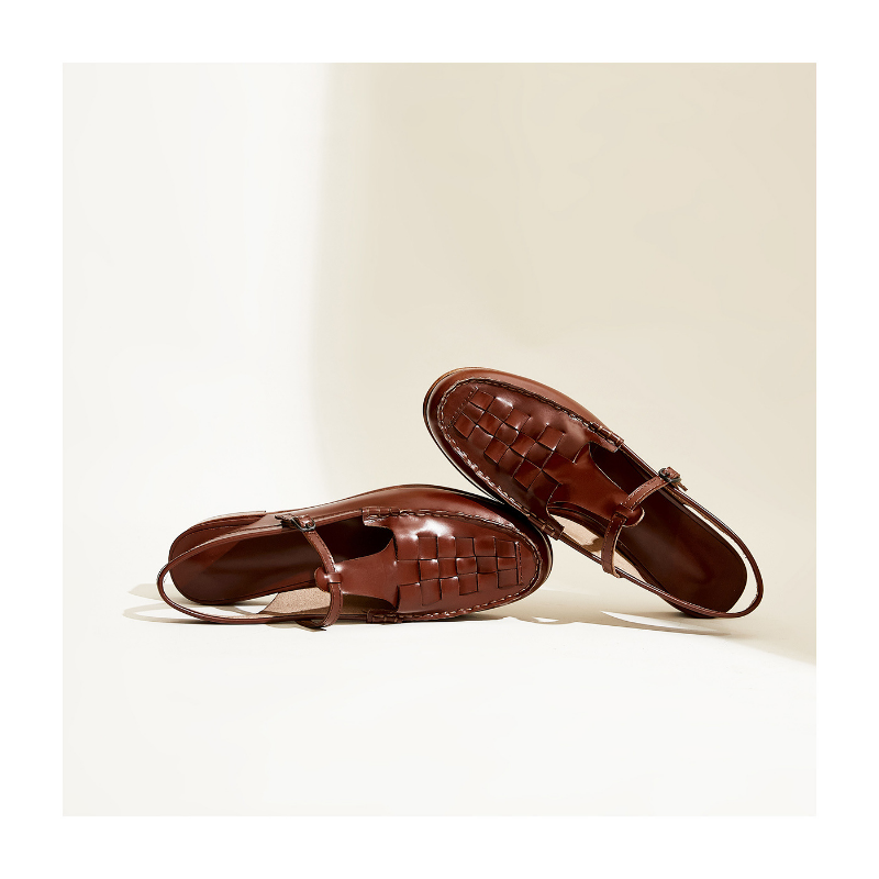 Brown woven charm sandals, braided grid upper, T-strap with metal buckle, low heel