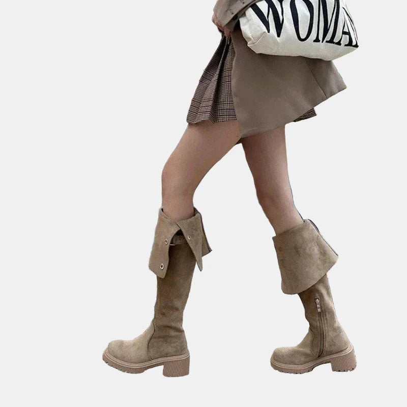 Apricot suede over-the-knee cowboy boots with cuff strap and chunky block heel