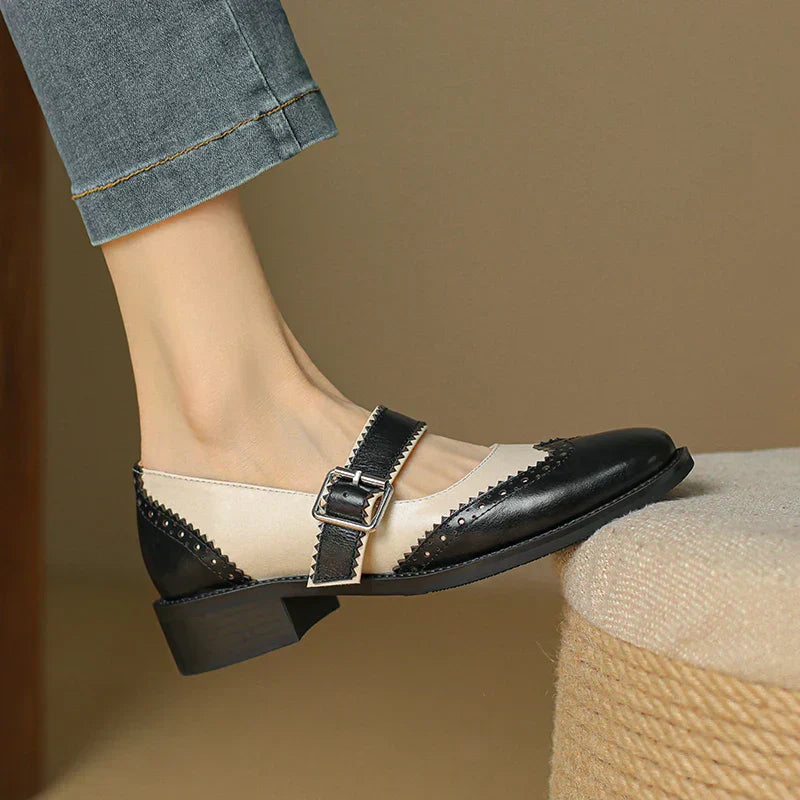 Miana leather Mary Janes, black-and-cream with scalloped trim, square buckle strap