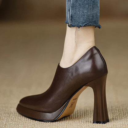 Brown leather-look heeled pumps with side zipper and sculpted block heel