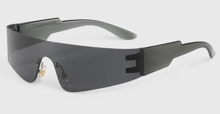 Oversized rectangular sunglasses with dark gray mirrored lenses and gray frame
