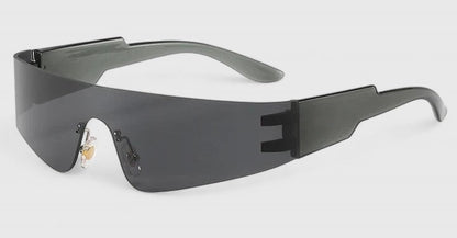 Oversized rectangular sunglasses with dark gray mirrored lenses and gray frame