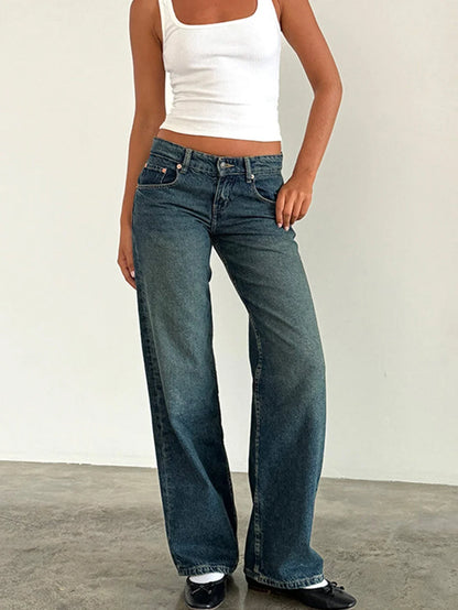 Vintage blue baggy jeans with button fly and relaxed straight wide-leg fit