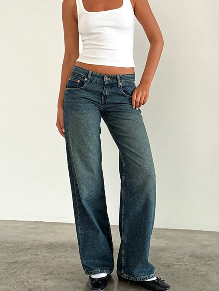Vintage blue baggy jeans with button fly and relaxed straight wide-leg fit