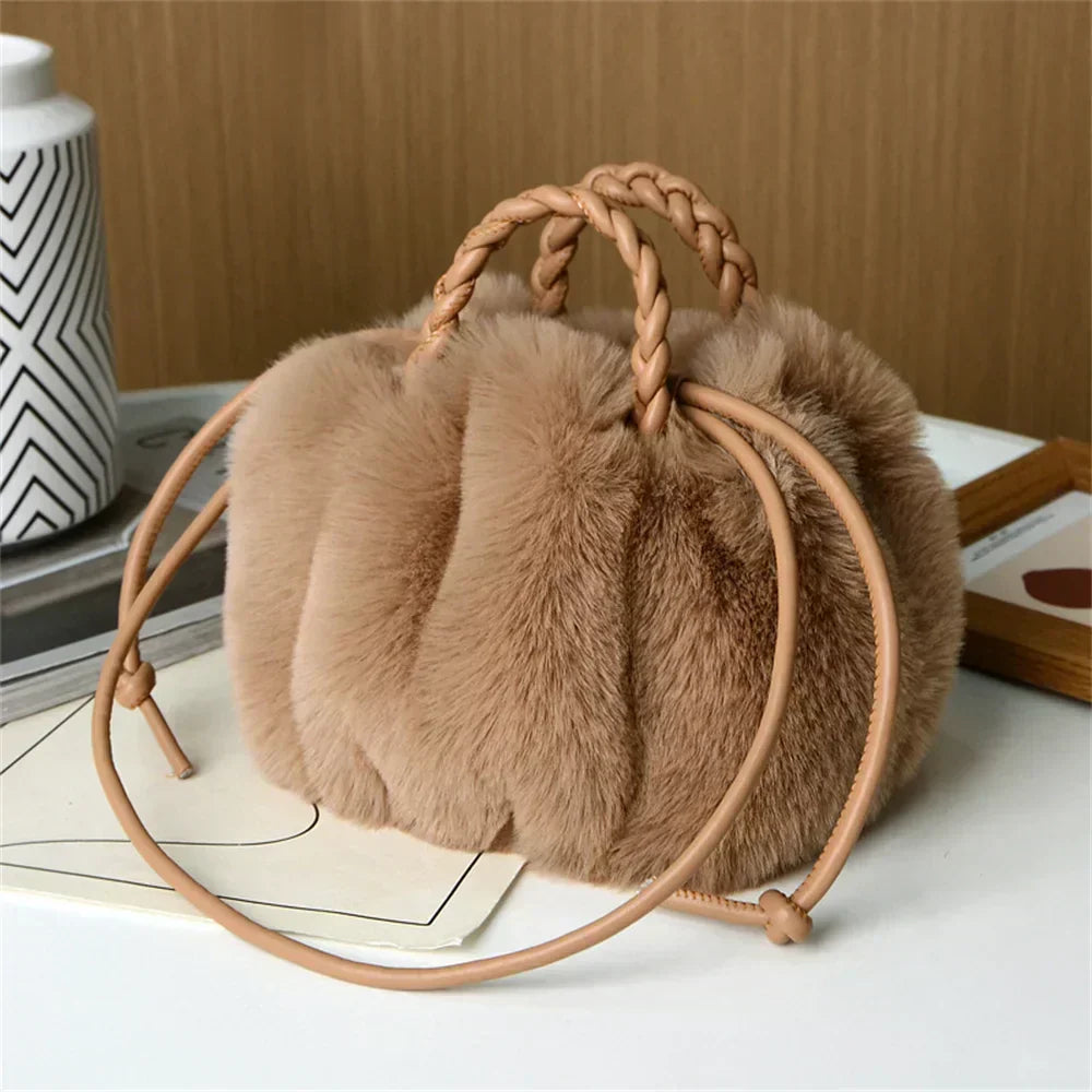 Light khaki plush pumpkin shoulder tote with braided top handle and long rope straps