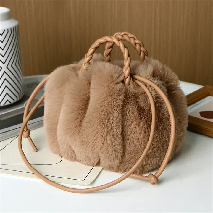 Light khaki plush pumpkin shoulder tote with braided top handle and long rope straps