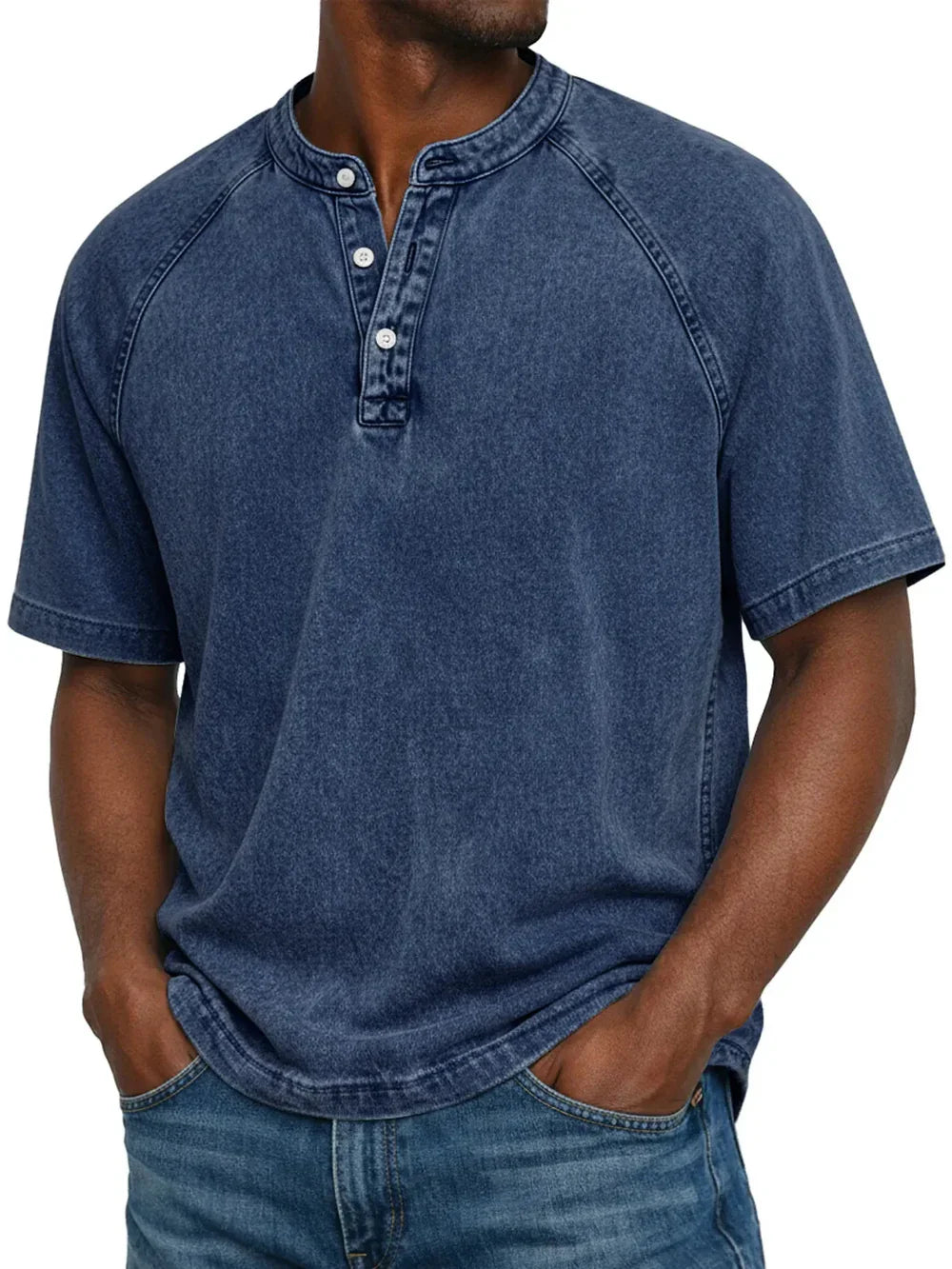 Men's vintage button t-shirt neckline with two-button henley and short sleeves