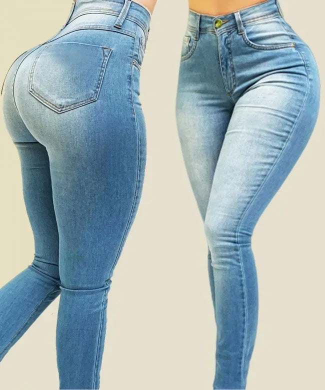 Stretch skinny jeans in light blue wash, front and back pocket view