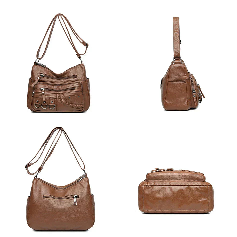 Brown multi-layer crossbody bag with multiple front pockets and adjustable strap
