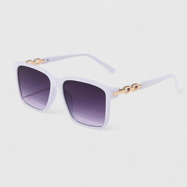 Square white sunglasses with purple gradient lenses and gold chain hinge detail