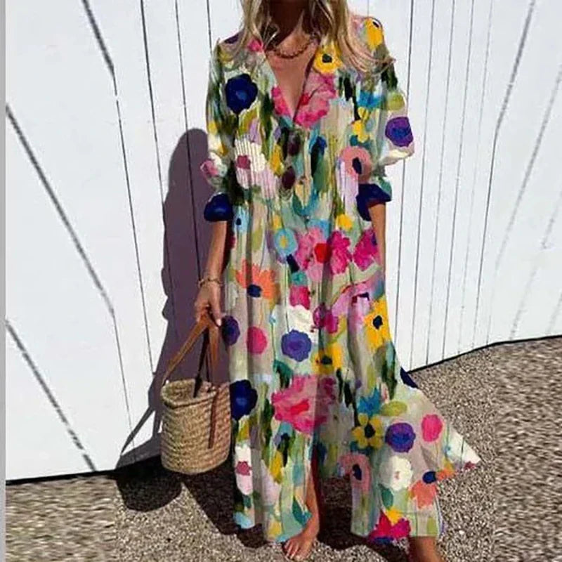 Boho floral maxi dress with puff sleeves and V-neck, colorful multicolor print