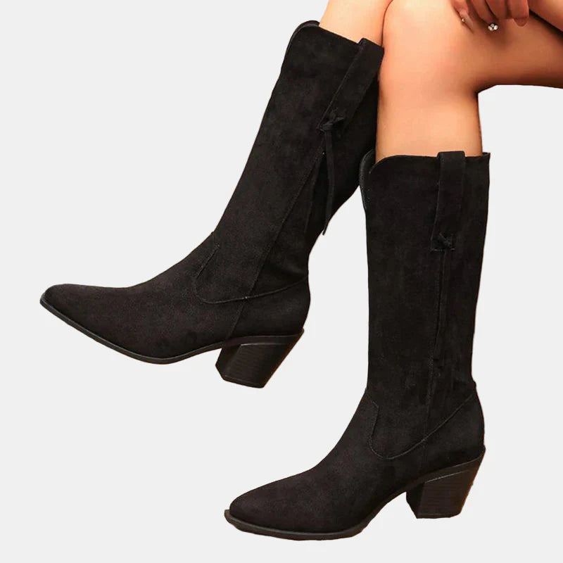 Black mid-calf faux suede boots with side tassel ties and short block heel