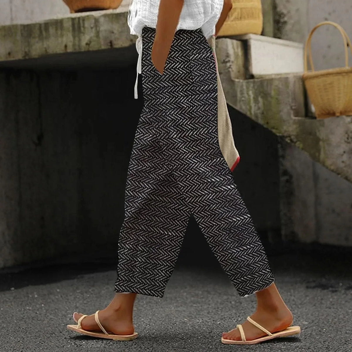 Black chevron summer pants with drawstring waist, relaxed cropped wide-leg fit