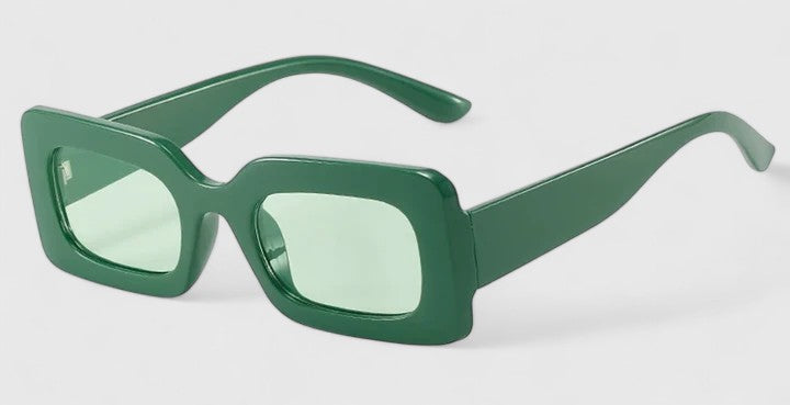 Green square sunglasses with clear lenses and thick frames