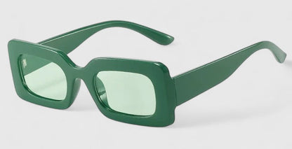 Green square sunglasses with clear lenses and thick frames