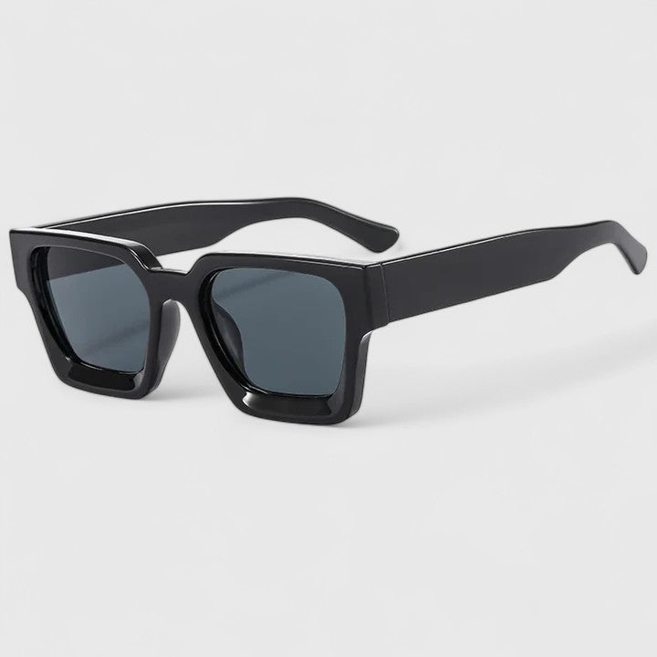 Black square sunglasses with dark gray lenses and slim arms