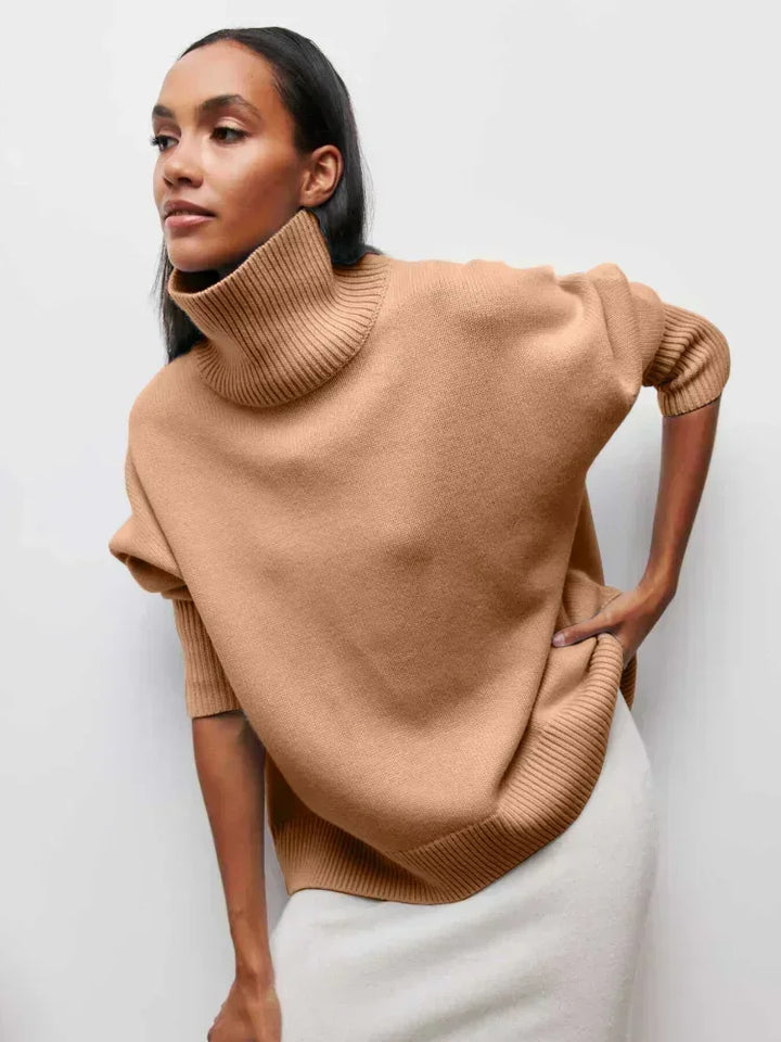 Camel brown turtleneck sweater with short sleeves and ribbed collar and cuffs