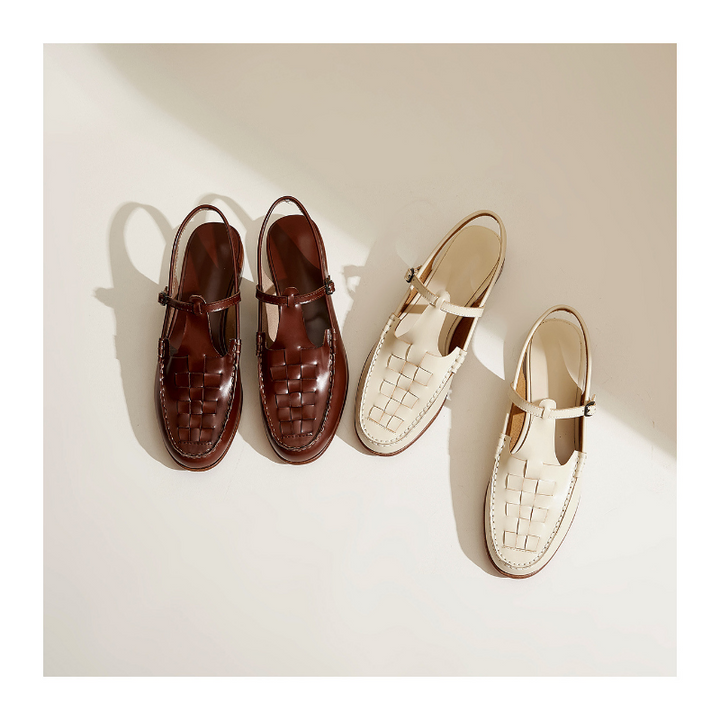Brown and ivory woven charm sandals, grid-weave uppers with buckle straps