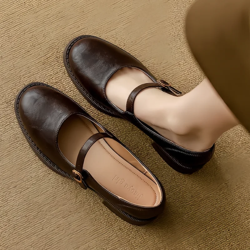 Leather Mary Jane shoes, dark brown with ankle strap and buckle, rounded toe, low heel.