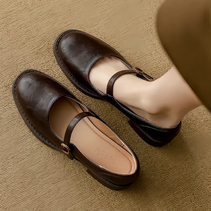 Leather Mary Jane shoes, dark brown with ankle strap and buckle, rounded toe, low heel.