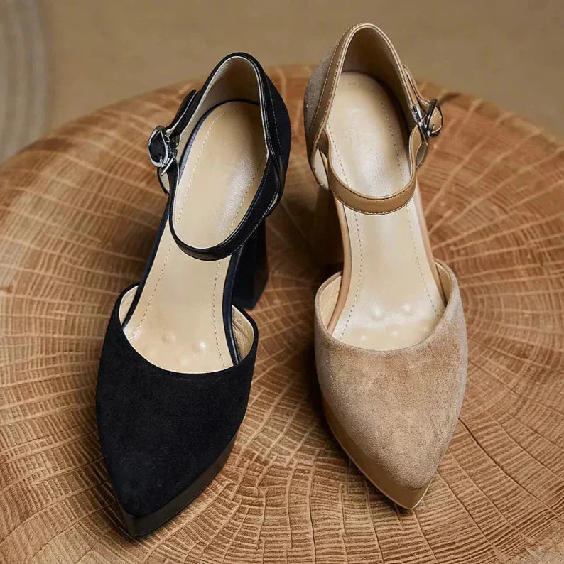Pair of suede pumps: black and tan with ankle strap buckles and block heels