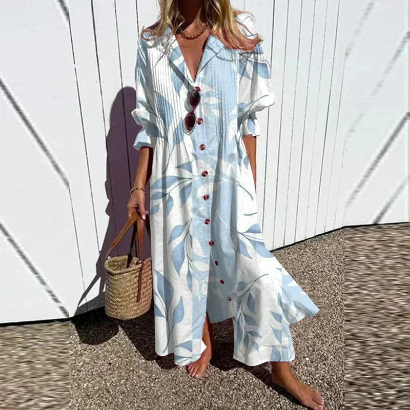 Boho puff-sleeve maxi dress with V-neck, light blue and white botanical print