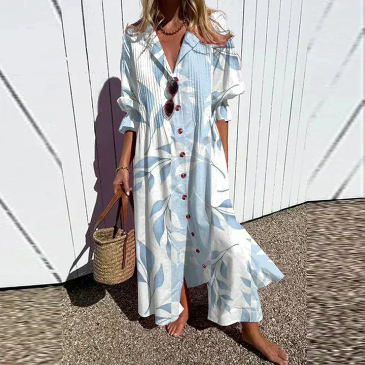 Boho puff-sleeve maxi dress with V-neck, light blue and white botanical print
