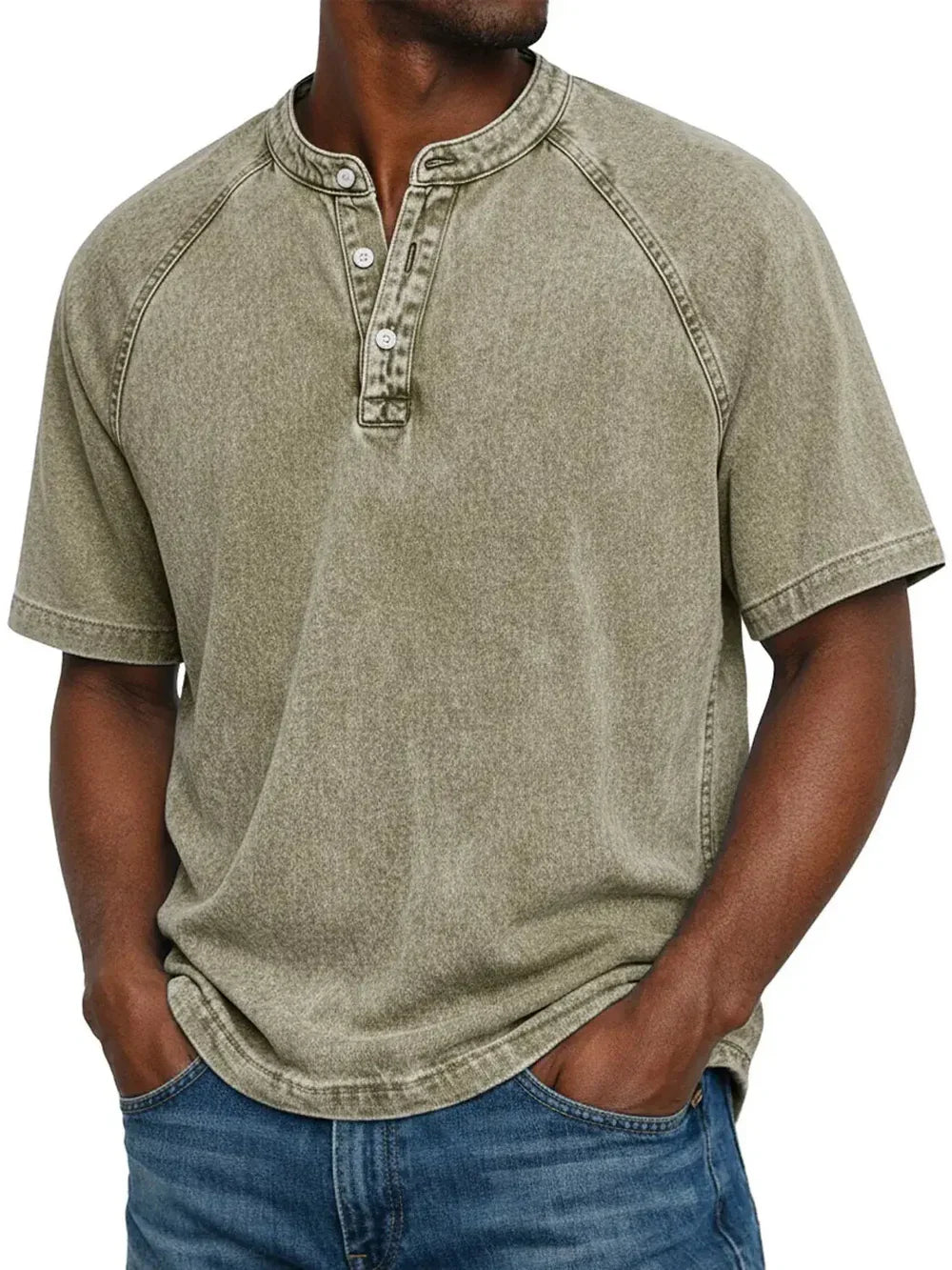 Men's vintage button-up T-shirt, olive green close-up of button placket and collar