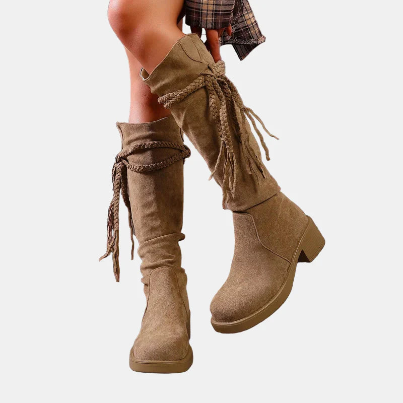 Khaki suede mid-calf ankle boots with chunky heel and tied fringe tassels