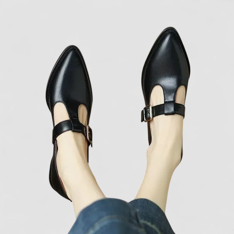 Black orthopedic Mary Jane shoes with ankle strap and side buckle, low block heel