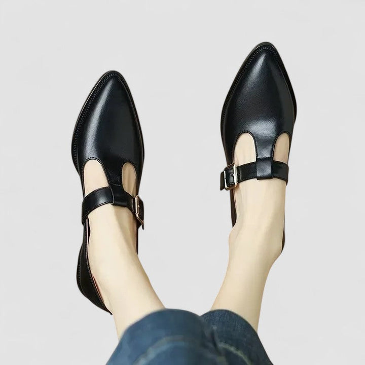 Black orthopedic Mary Jane shoes with ankle strap and side buckle, low block heel