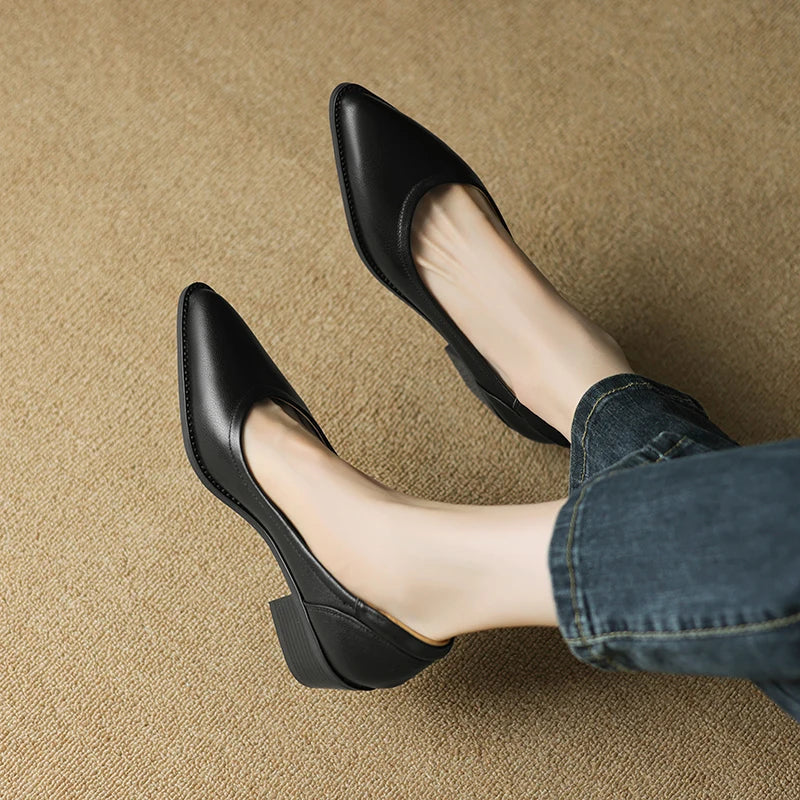 Black mid heeled shoes with pointed toe and low stacked heel, side view on foot