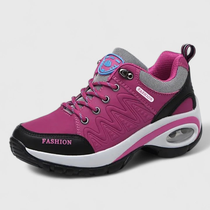 Novira women’s sport shoes, pink upper with gray mesh collar and white sole