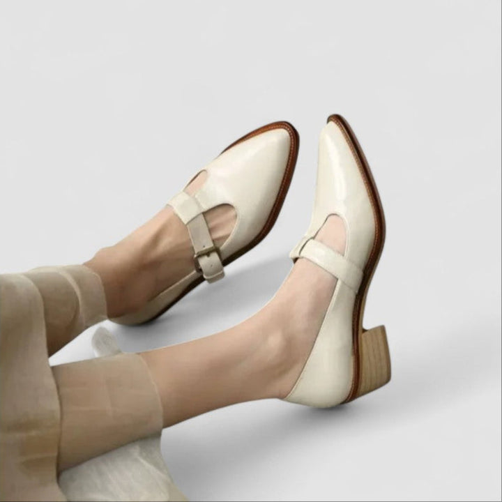 Beige orthopedic Mary Jane shoes with ankle strap and side buckle, low block heel