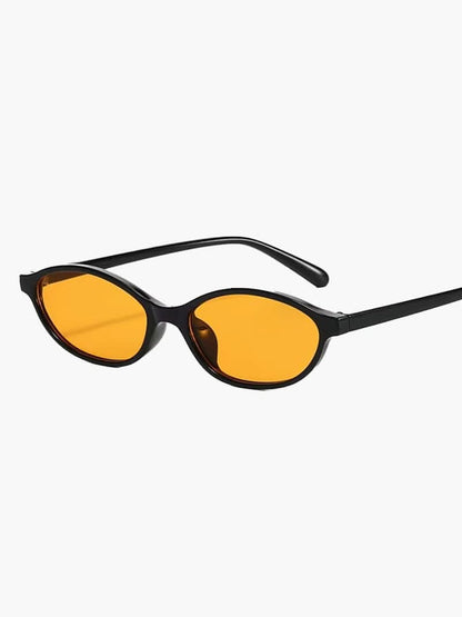 Romantic sunglasses, black frames with orange mirrored lenses