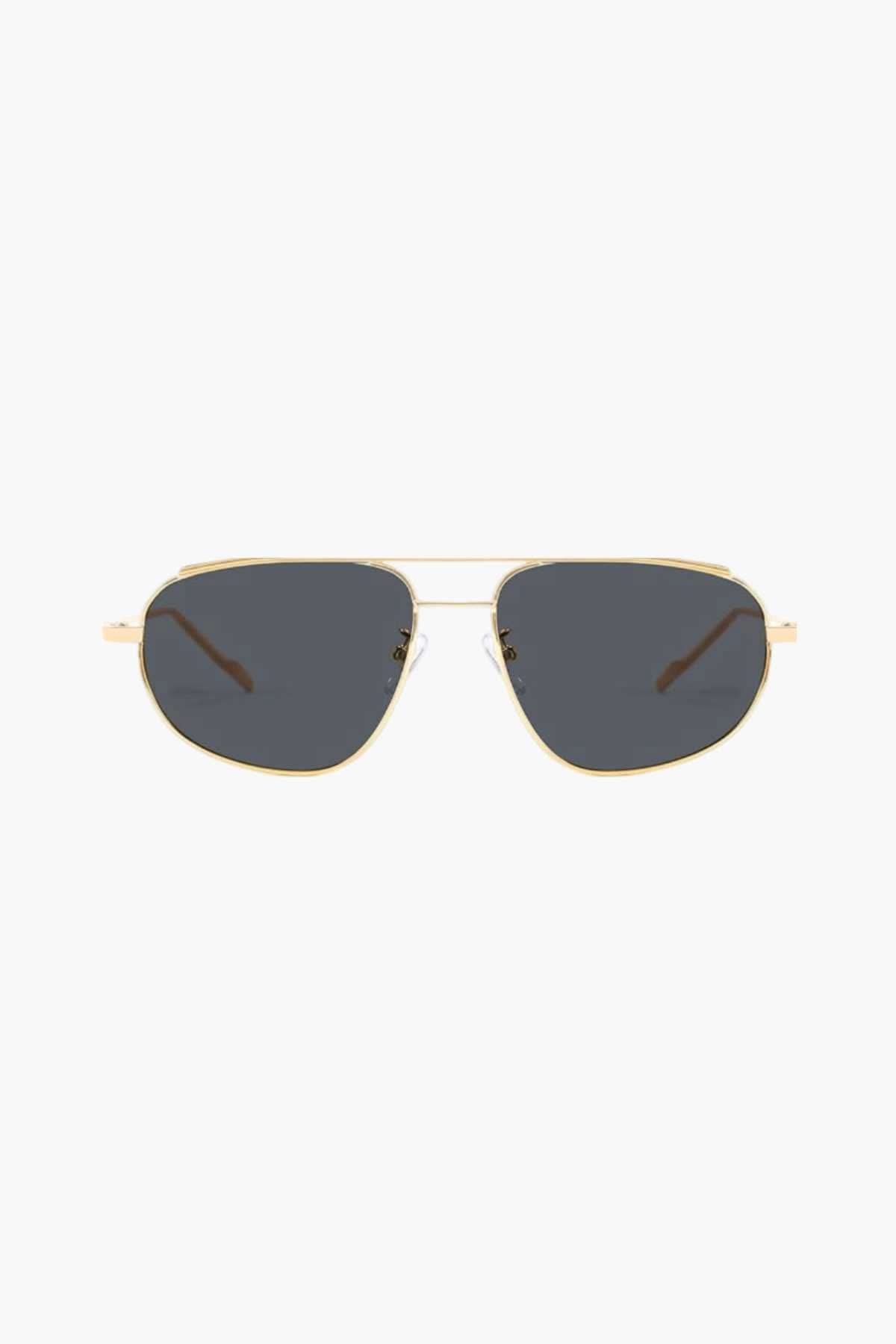 Gold-tone rectangular aviator sunglasses with dark gray lenses