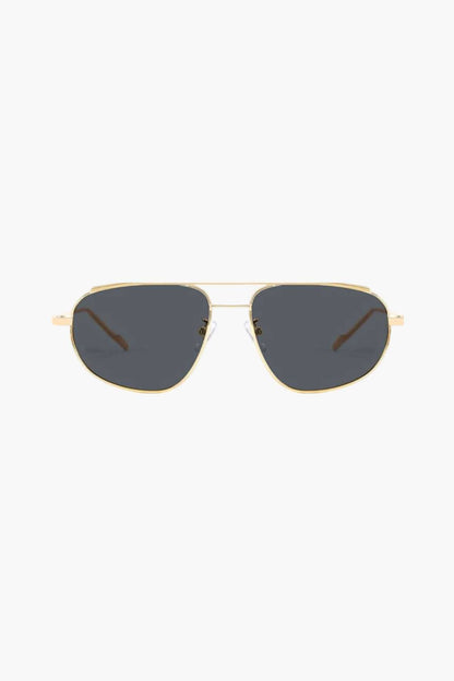 Gold-tone rectangular aviator sunglasses with dark gray lenses