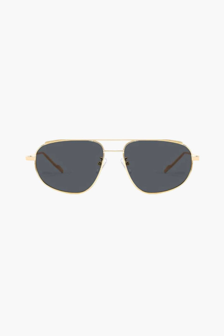 Gold-tone rectangular aviator sunglasses with dark gray lenses