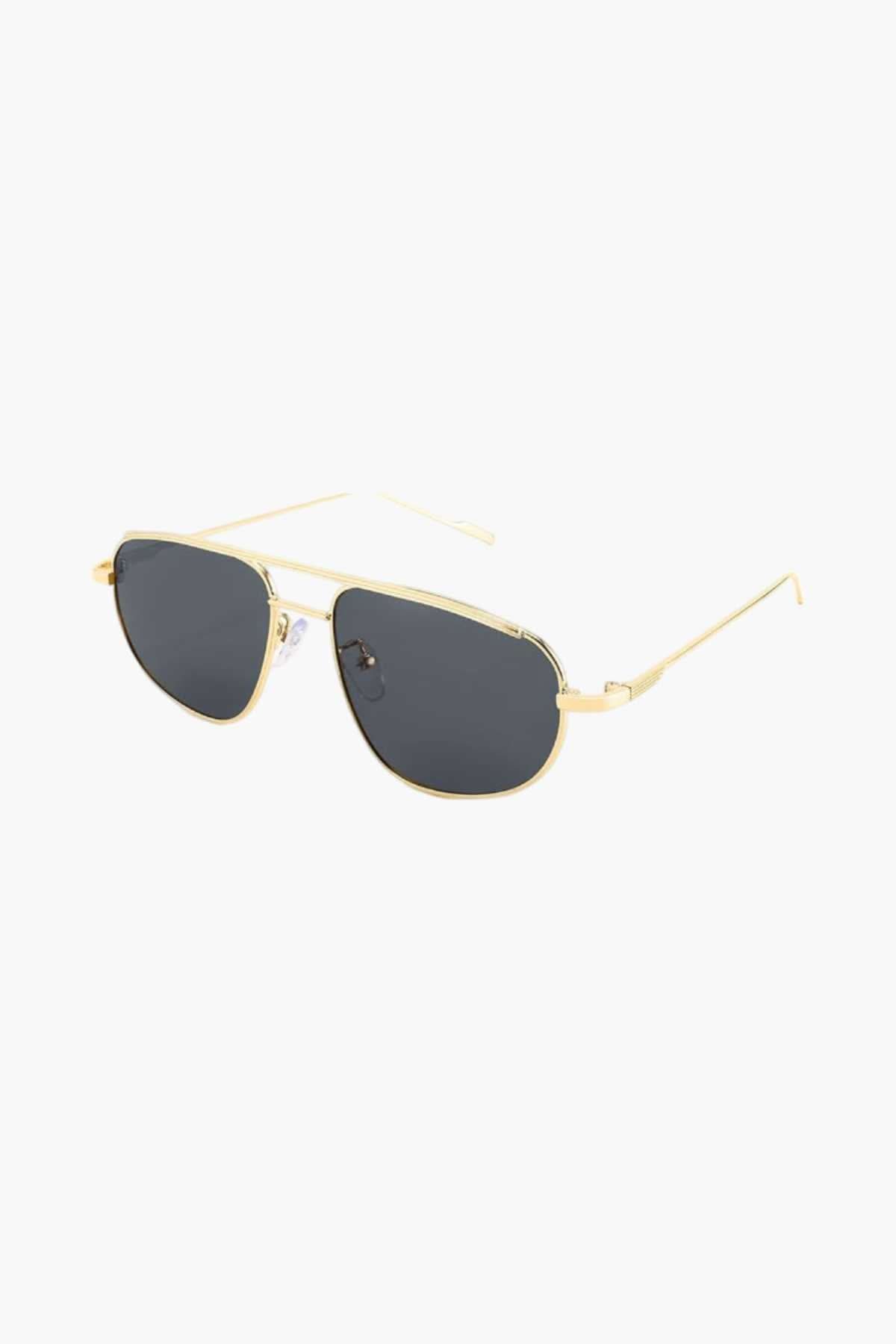 Gold-tone aviator sunglasses with dark gray lenses and slim metal frame