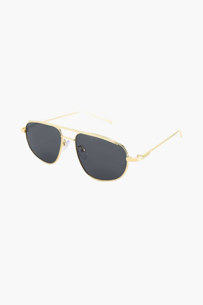 Gold-tone aviator sunglasses with dark gray lenses and slim metal frame