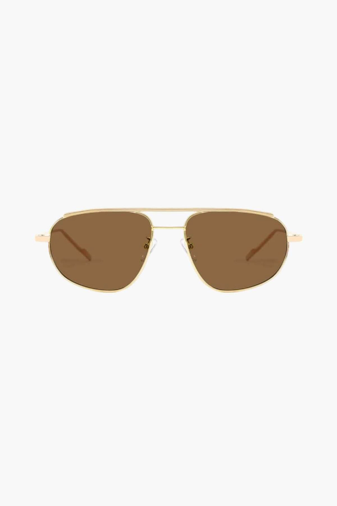 Gold-tone aviator sunglasses with brown-tinted lenses and metal frame