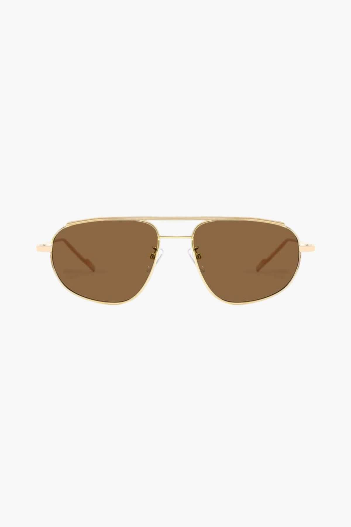 Gold-tone aviator sunglasses with brown-tinted lenses and metal frame