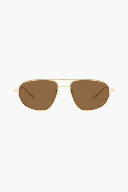 Gold-tone aviator sunglasses with brown-tinted lenses and metal frame
